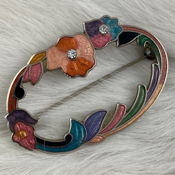 Vintage Cloissonne Enamel Broach Silver Toned Metal - Picture 1 of 3